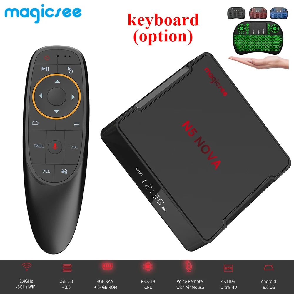 Magicsee N5 NOVA Android 9 0 ТВ приставка Rockchip3318 4 Гб ОЗУ + 64 ПЗУ 2 ГГц 5 WiFi Bluetooth Поддержка 4K 4G