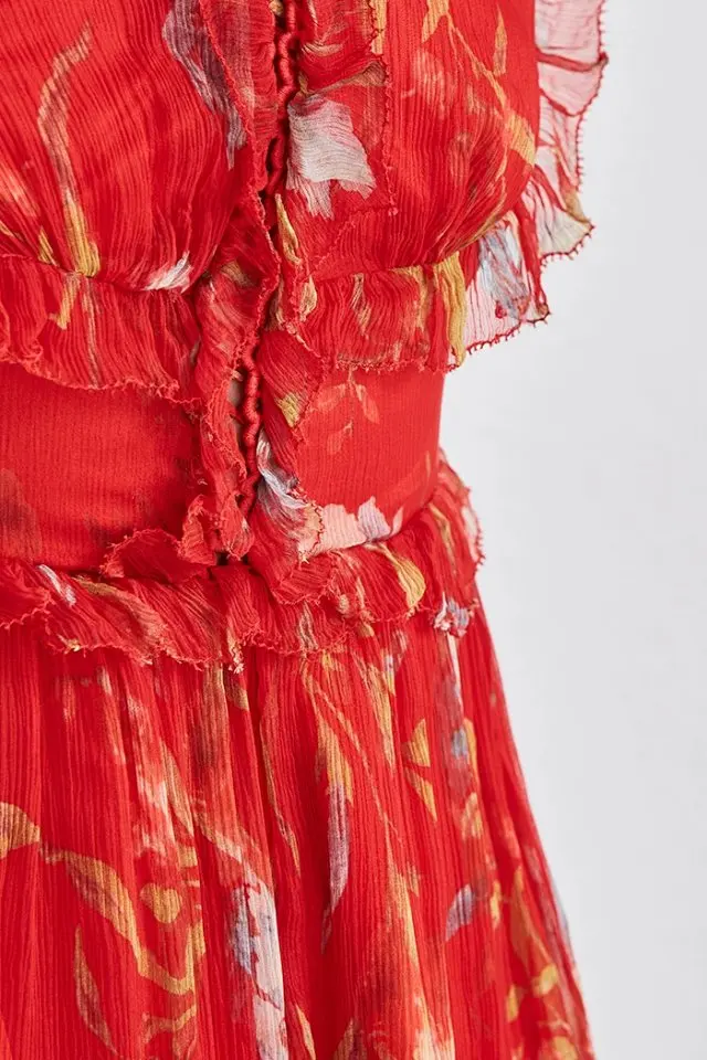 Women Silk Red Floral Printed Ruffled Jumpsuit- Ladies Top Quality Playsuit