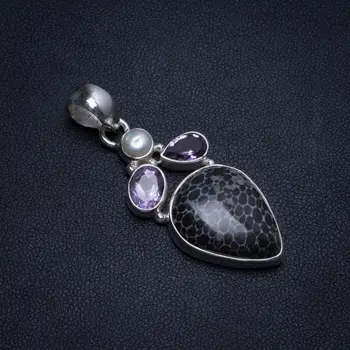 

Natural Turritella Agate,River Pearl and Amethyst Boho 925 Sterling Silver Pendant 2" T0324