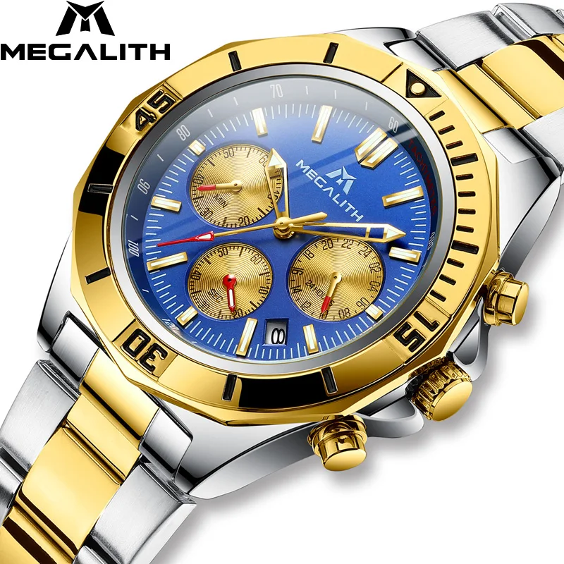 

MEGALITH Men Watches Business Chronograph Waterproof Quartz Watch Original Blue Stainless Steel Wristwatch Man Horloges Mannen