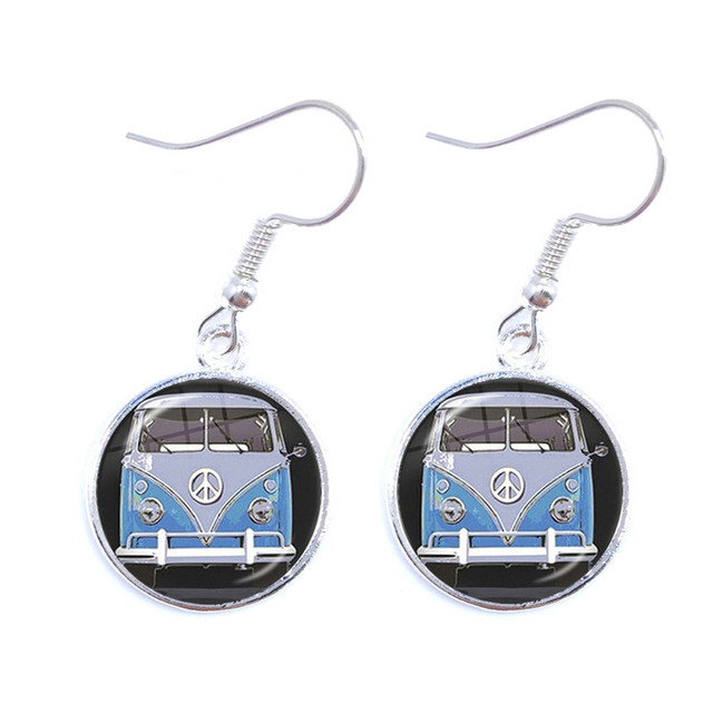 Blue-Red-Yellow Hippie Peace Van Bus Photo Drop Earrings Retro Beach Bus Car Collectors Bus Peace Sign Jewelry For Women