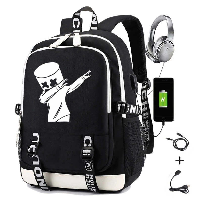 Black 02 DJ Mello рюкзак для студентов, школьная сумка, рюкзак с забавным принтом с Usb зарядкой, мужской рюкзак для путешествий для ноутбука - Цвет: Black 02