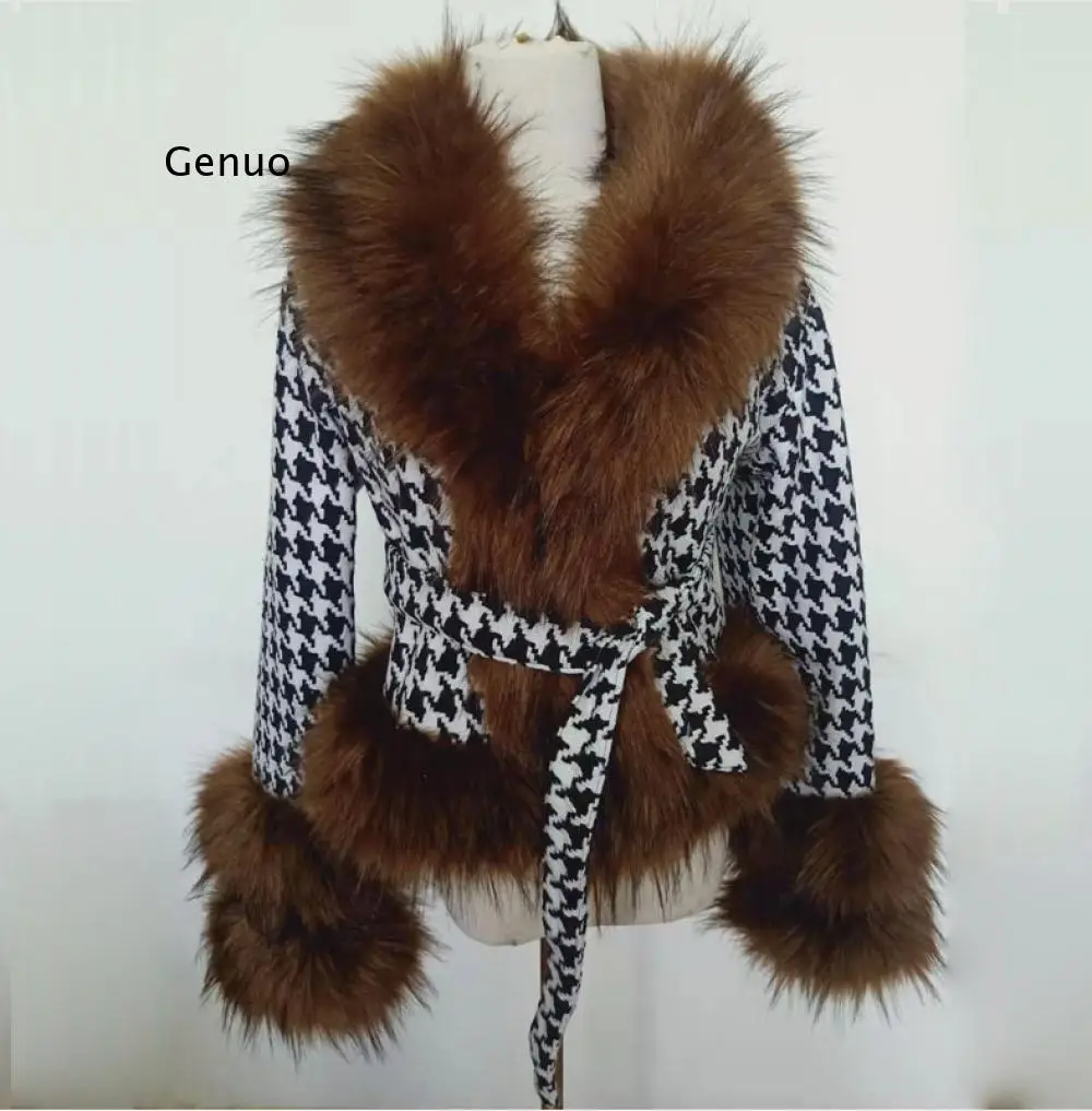 

Faux Fur Collar Jackets Women Fashion Tie Belt Waist Coats Women Elegant Slim Houndstooth Short Jackets Female Ladies Jp