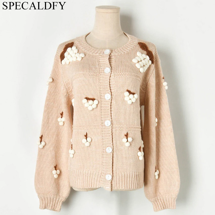 

2019 Autumn Winter Women Sweater Ball Cardigans Embroidery Cardigans Feminino Oversized Knit Sweater Coat Crop Tops Outwear