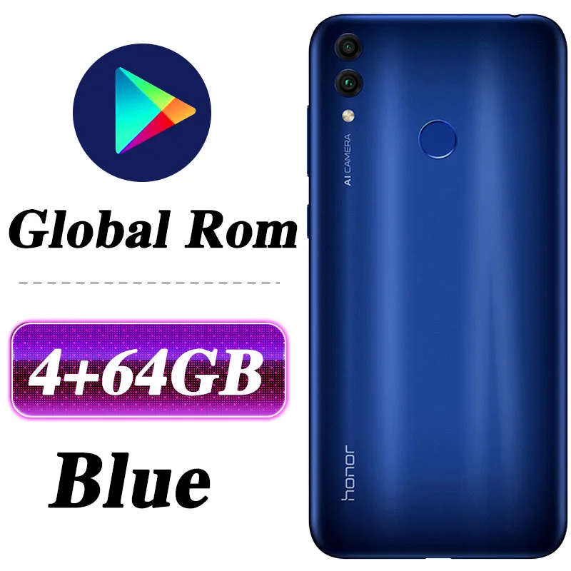 Мобильный телефон с глобальной ПЗУ HONOR 8C, 4 Гб, 32 ГБ, 6,26 дюйма, Восьмиядерный аккумулятор Snapdragon 632, 4000 мА/ч, 3 карты VoLTE Face ID, полный экран - Цвет: 4G 64G Blue