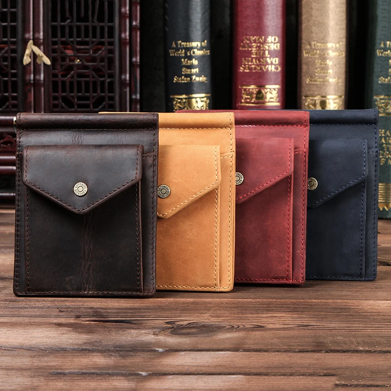 CONTACT'S Short Men Money Clip Oil Nubuck Cow Leather Wallets For Men Retro Money Case With Credit Card Slot Small Coin Pocket