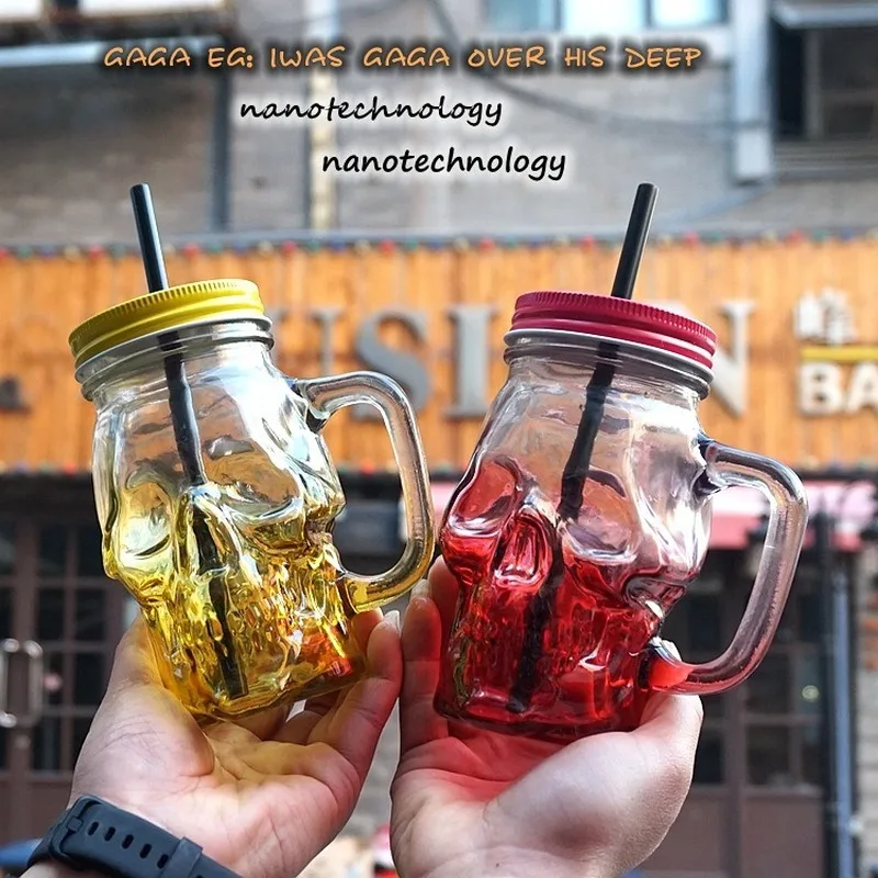 

Creative Straw Glass Skull Gradient Color Handle Cup Girl Kid Transparent Mason Beer Milk Tea Juice Milk Drink with Cover Cup