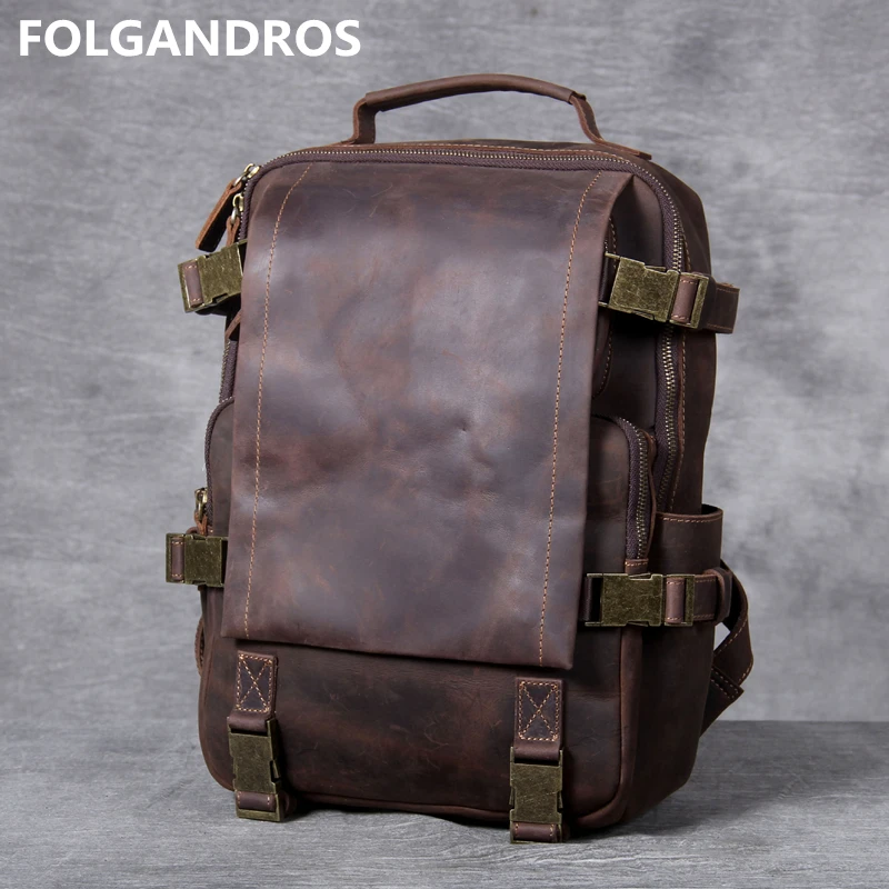 

2019 Men's Original Crazy Horse Leather Backpacks Handmade Vintage Thick Genuine Leather Laptop School Backpack Classic Lock Bag