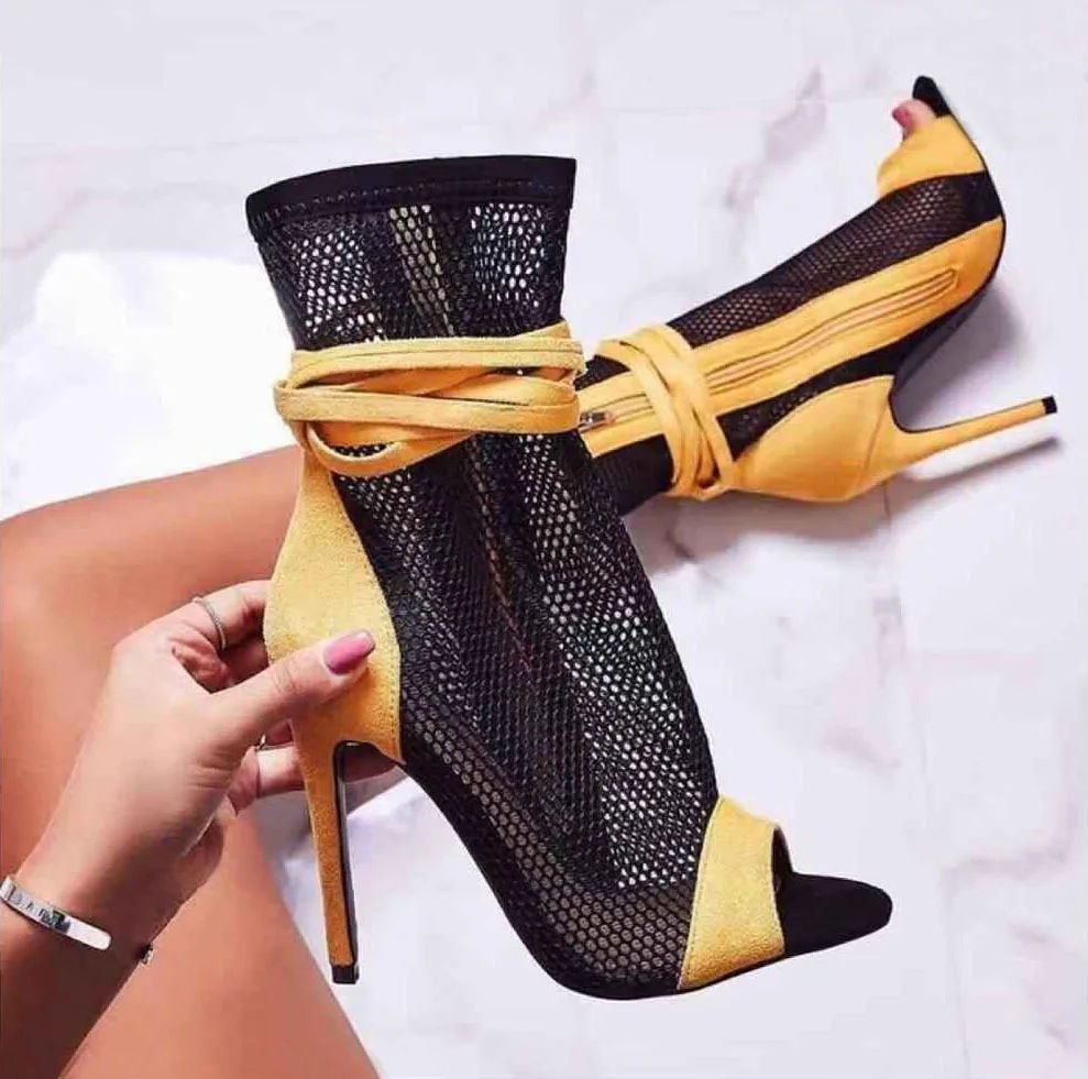 HOKSZVY 35 42 Large size Women Fish Toe Sandals Spring-Summer Lace Patched-Color High-Heel Boots Women Fashoin Shoes JXQ
