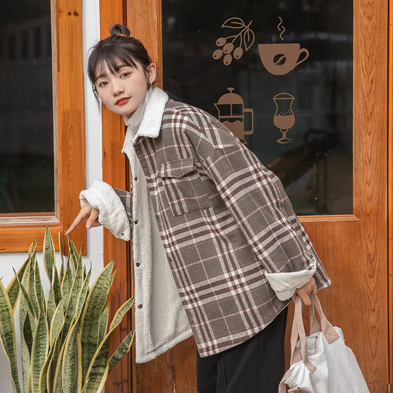 

New Winter 2020 Coats for Women Striped Lattice Cashmere Jacket Fashion Thickening Warm Soft Undefined Jacket Female Oversize