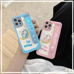 Caso bonito do telefone dos desenhos animados de doraemon com suporte de pulso para iphone 12mini/12promax/11pro/11/8p/x/xs/se/7/8/se/capa de telefone par