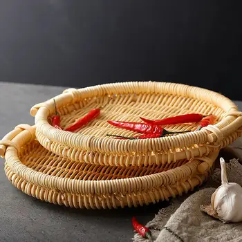 

1Pc Handmade Rattan Round Square Bread Cracker Biscuit Cakes Candy Nuts Storage Tray Basket Fruit Seed Tea Basket Containers