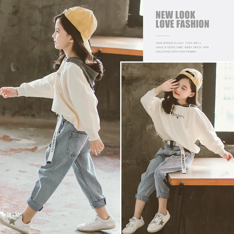 

Fashion Girls Fall Outfits Grey Hooded Sweatshirt & Jeans 2pcs Sets Children Boutique Clothing 10 12 Year Teen Clothes 2019 New