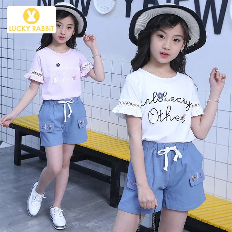 Children Girls Clothes Shops Online 2 Piece Hollow Lotus Sleeve Matching Top And Shorts Outfit For Girls