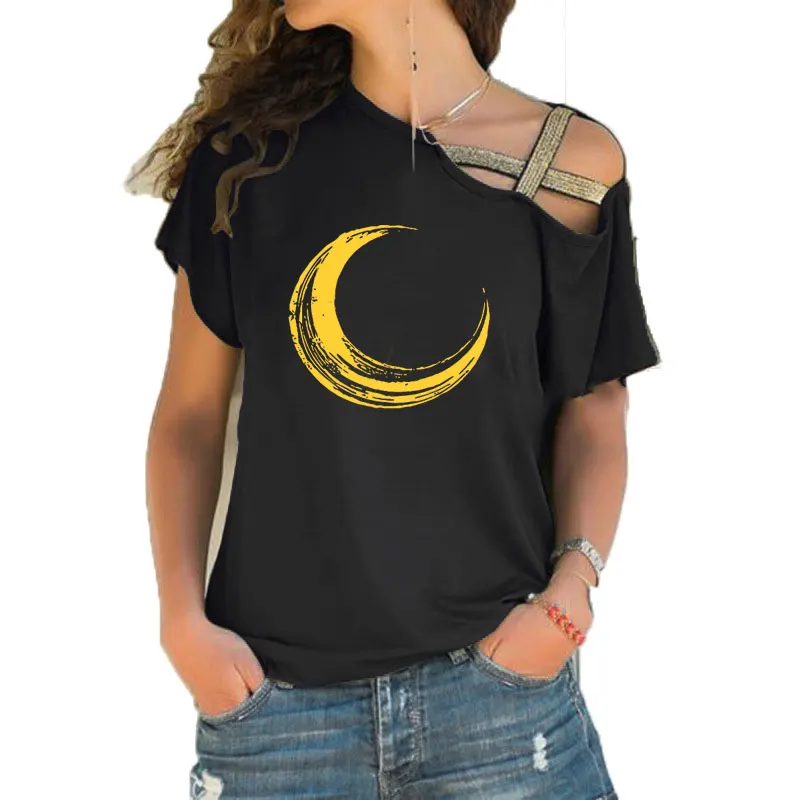 

Half Moon Printing Funny Teeshirt Women Short sleeve Summer Cool Clothes Loose Irregular Skew Cross Bandage Tops Tee