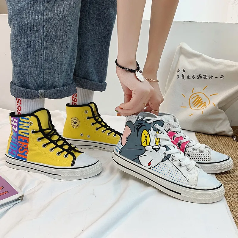 

Cat And Mouse Joint Board Shoe Women's Hip Hop INS Summer Super Fire Graffiti Students Cartoon Hight-top Canvas Shoes Women's