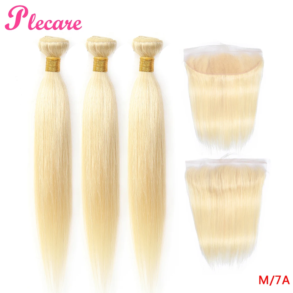 

Plecare 613 Blonde 3 Bundles With Frontal Brazilian Straight Non-remy 8-28 Inch Middle Ratio 100% Human Hair Extensions