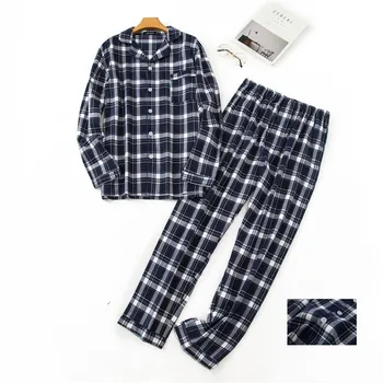 

Men's Sleepwear 100% Cotton Long Sleeve Shirt Pants 2Piece/Set Casual Pajamas Set Big Size Man Homewear 2020 Plaid Top Pajamas