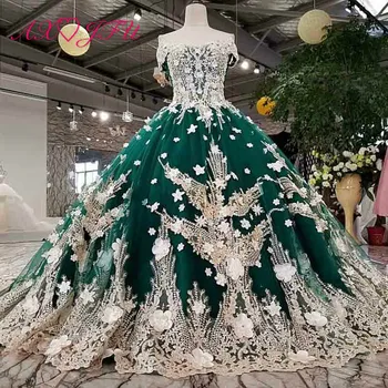 

AXJFU luxury princess beading crystal flower green lace wedding dress vintage boat neck white lace flower wedding dress 4120