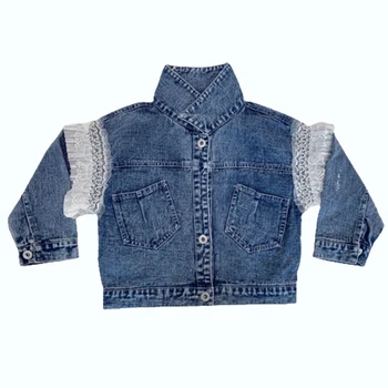 

Autumn and winter new boys and Girls Fashion Blue Grey lace sleeve denim jacket heat transfer Unisex children's top