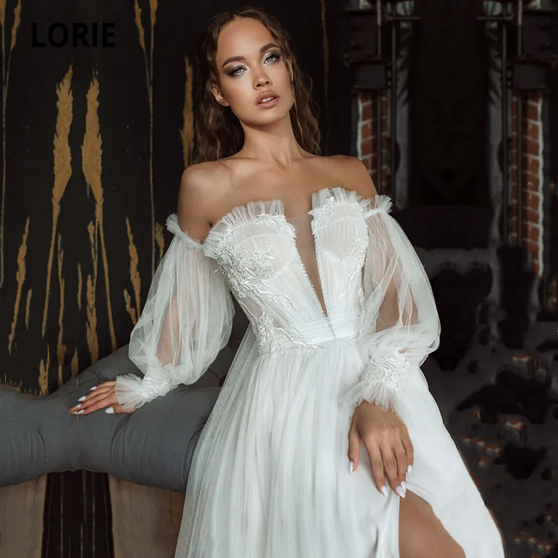 

LORIE Vintage Wedding Dresses Appliques with Detachable Puff Long Sleeves Wedding Beaded Bridal Gown vestido de novia playero