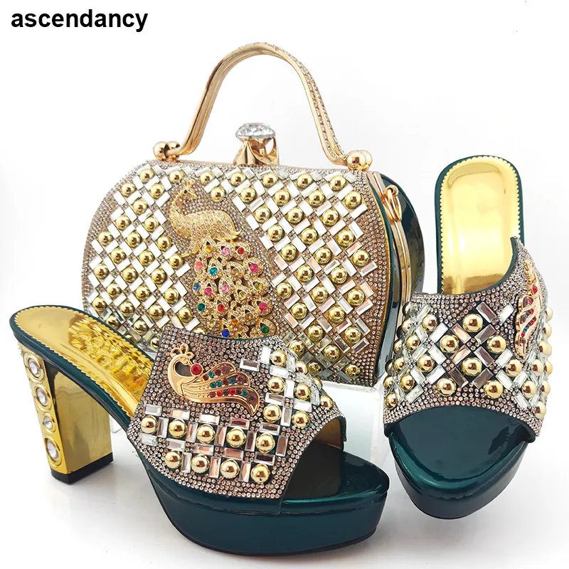 

High Quality D.Green Color African Designer Shoes and Bag Set To Match Slip on Shoes for Women Nigerian Shoes and Matching Bags