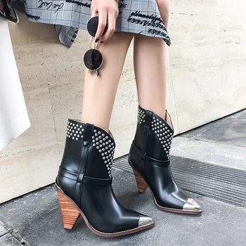 

2019 Chic Leather Ankle Boots Women Metal Pointed Toe Rivet Tassel Strange High Heel Boots Woman Fashion Western Boots