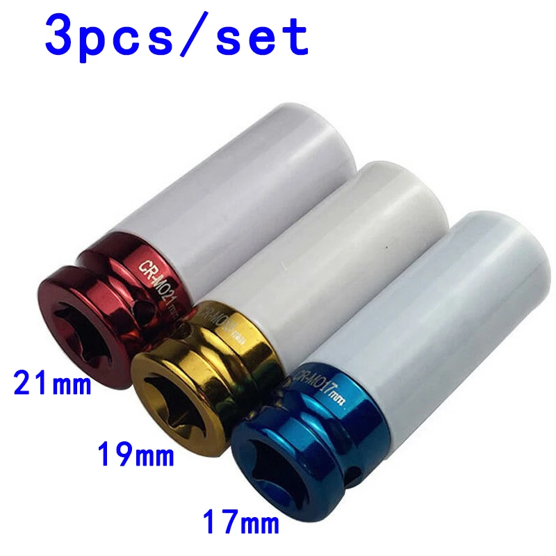 

Non-Slip 3pcs Set 17/19/21mm Tire Protection Sleeve Wheel Deep Impact Nut Sockets For Auto Accessories Red Yellow Blue