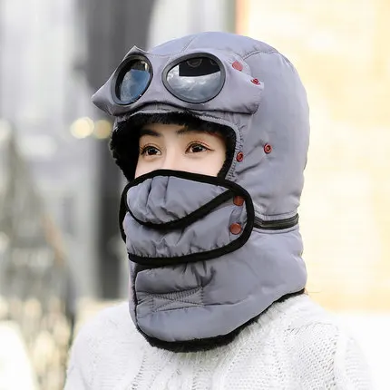 Grey hat scarf Шапки-бомберы для женщин, мужчин, детей, зимняя ветрозащитная Лыжная шапка с ушками и маской, очки пилота, теплые шапки, шапка охотника - Цвет: Grey hat scarf
