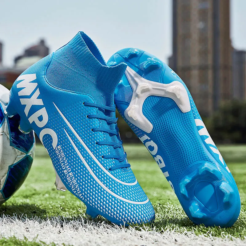 MWY мужская футбольная Бутсы Высокая Лодыжка футбольная обувь длинные шипы уличные тренировочные кроссовки газон обувь для футзала Zapatillas De Futbol - Цвет: Синий