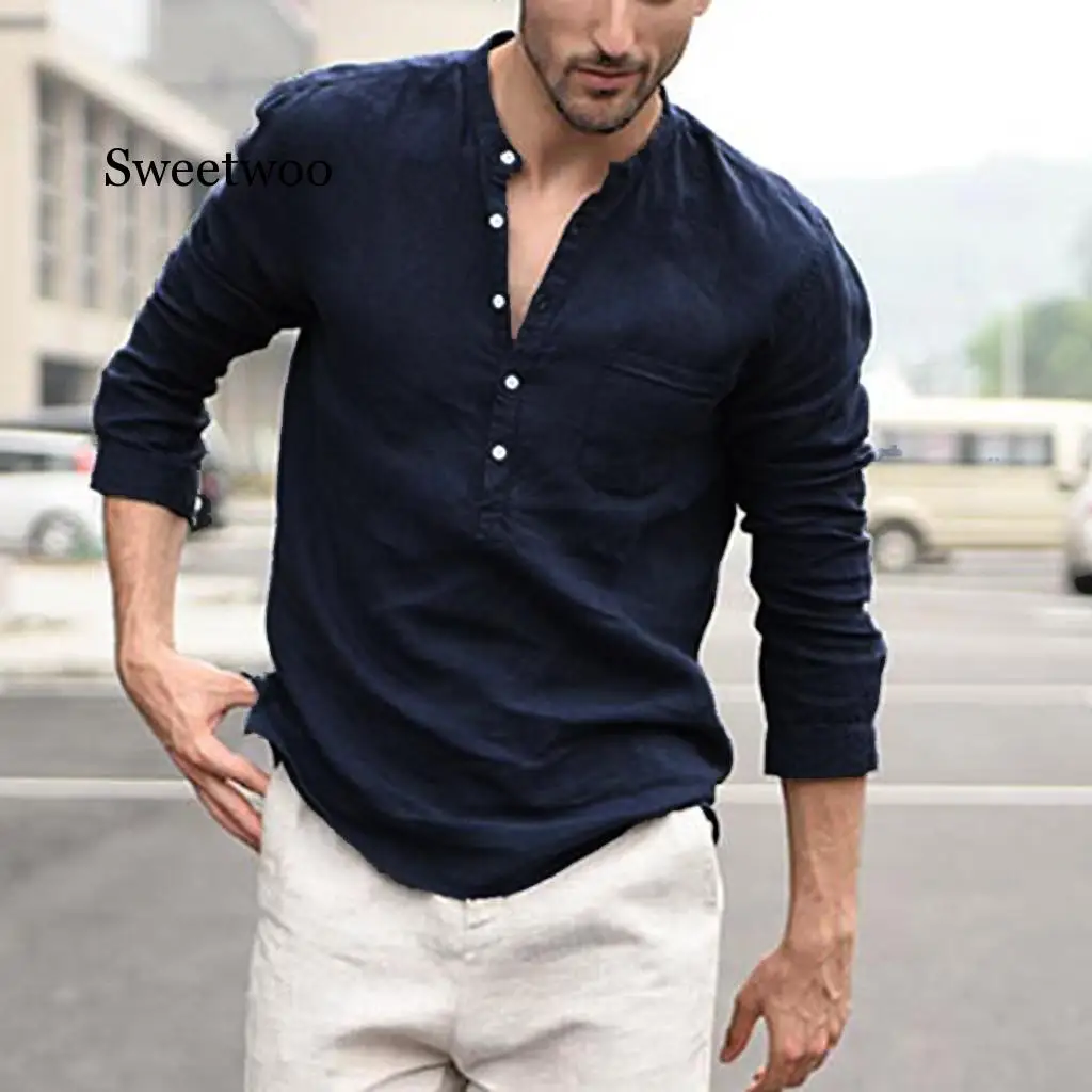

Men Vintage Pure Color Button Linen Solid Long Sleeve Retro Shirts Tops Blouse