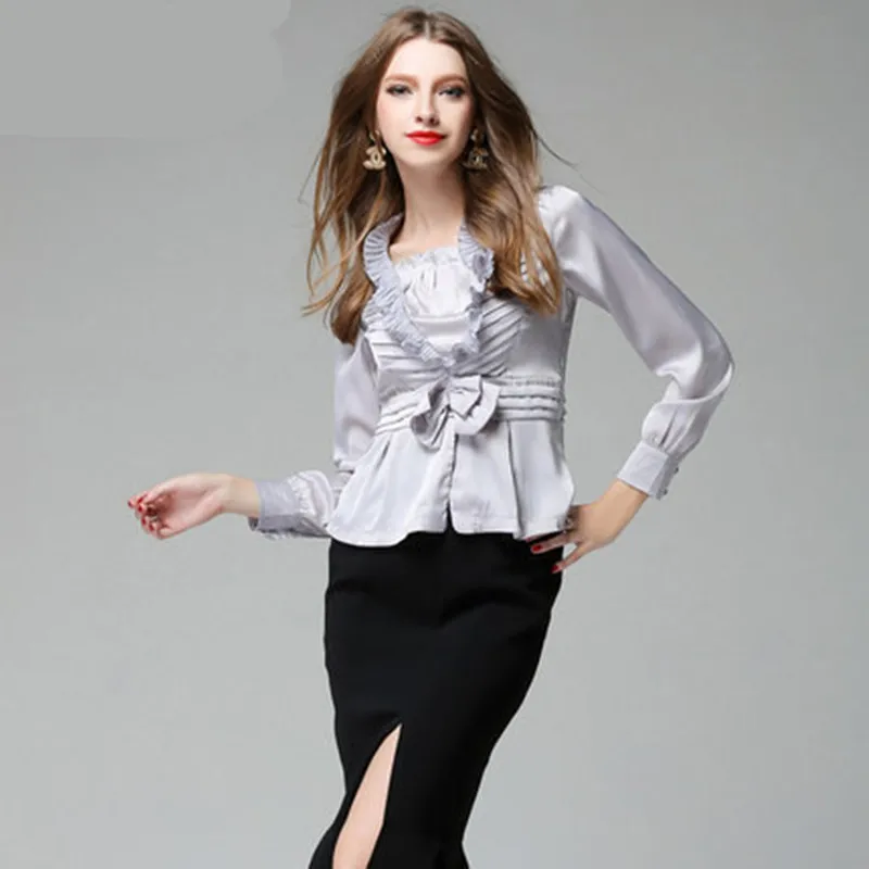 

2020 Spring Autumn Long Sleeve High End Real Silk Tops Women Fashion Office Ladies Slim Blouses Ruffles Bow Silver Tops Shirt
