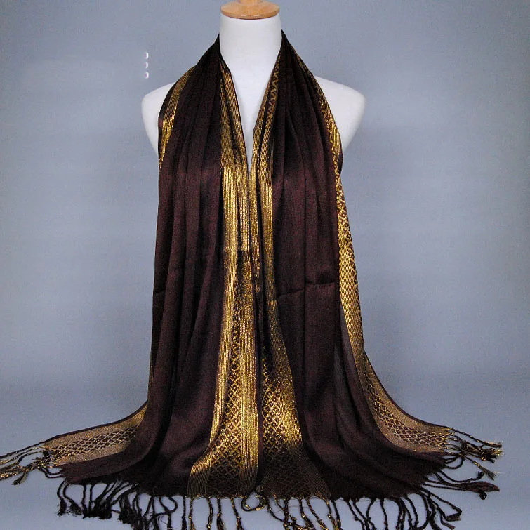 coffee Cotton Lady Scarf Islamic Hot Sale Golden Thread Headband 16 Colors Scarves Women Soft Shawl Tassel Wrap - Цвет: coffee