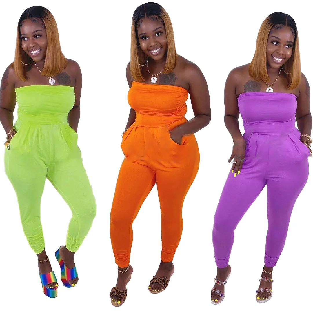

Echoine2020 Sport Solid Color Women Strapless High Waist Bodysuit Stacked Jumpsuit High Street One Piece Overall Romper Playsuit