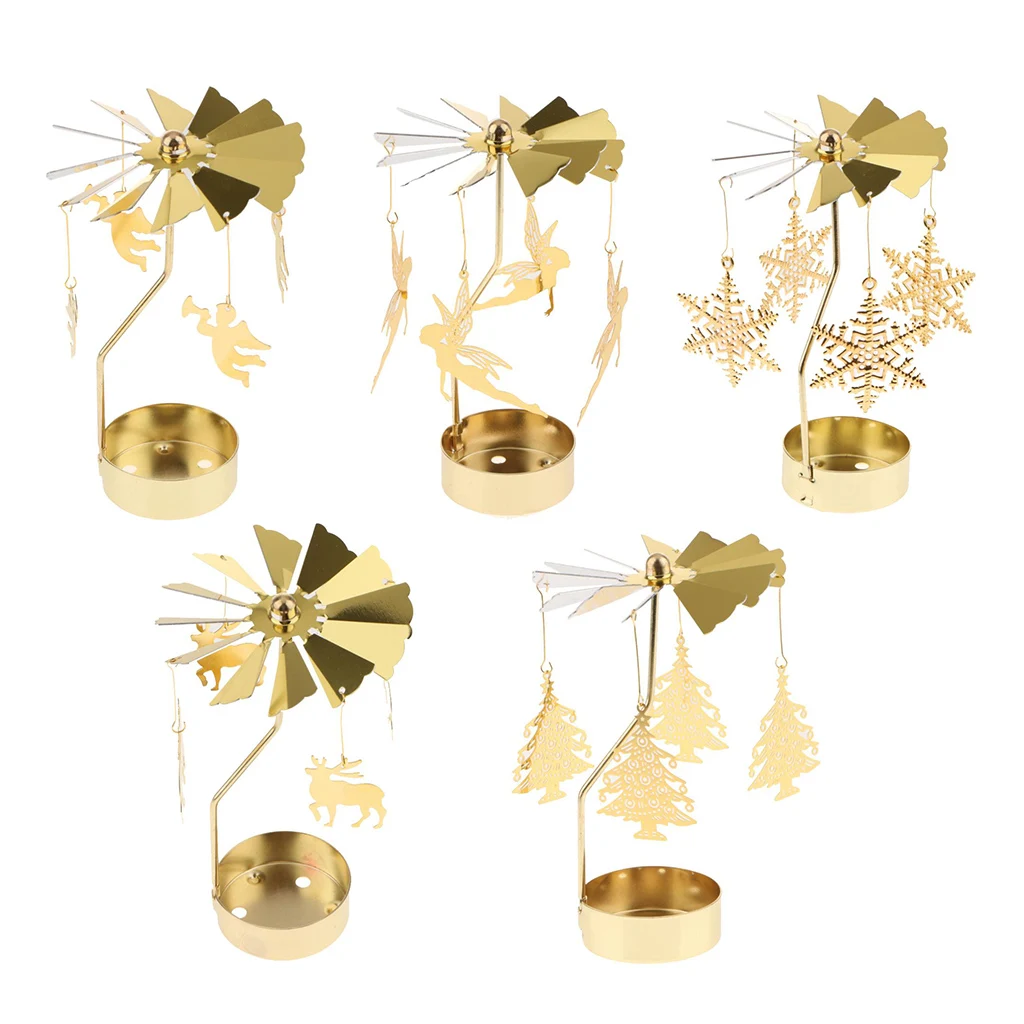 5Pcs Christmas Decor Rotating Candle Tea Light Holder Candlestick Gold