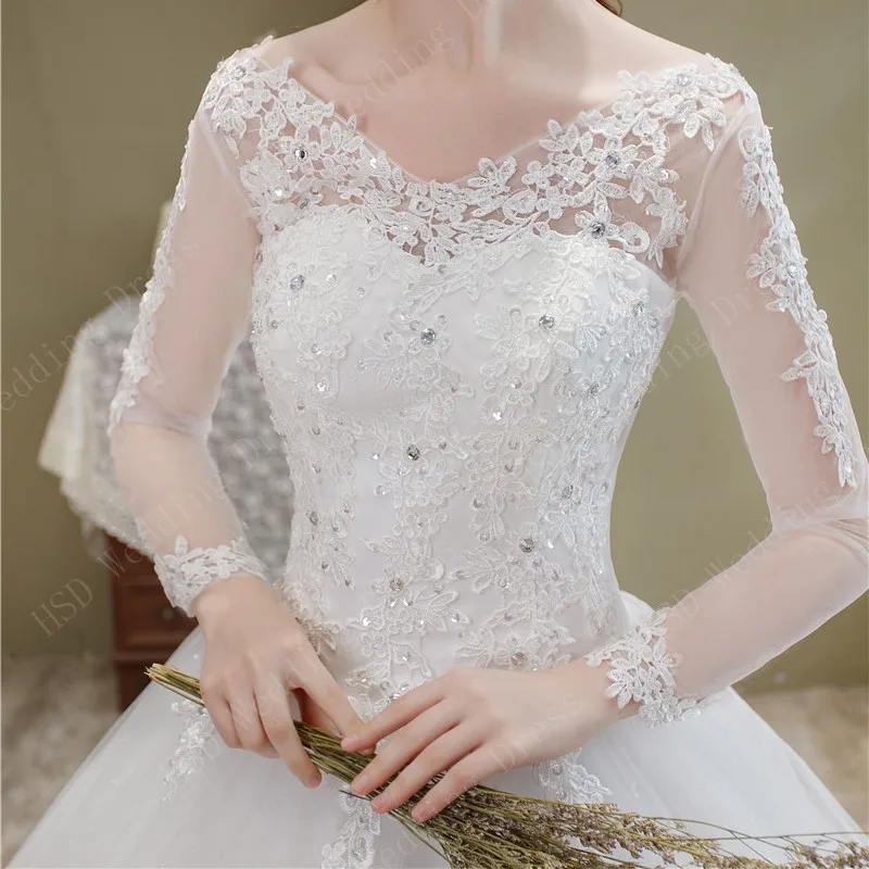 свадебное платье Lace Embroidery Wedding Dress With Long Sleeve Train Real Vedio Gown V Neck Elegant Plus Size Vestido De Noiva tea length wedding dress