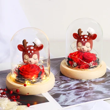 

Deer Beauty And Beast Rose Eternal Exclusive Red Rose In Glass Dome With Night Light Christmas New Year Gift Home Decorations