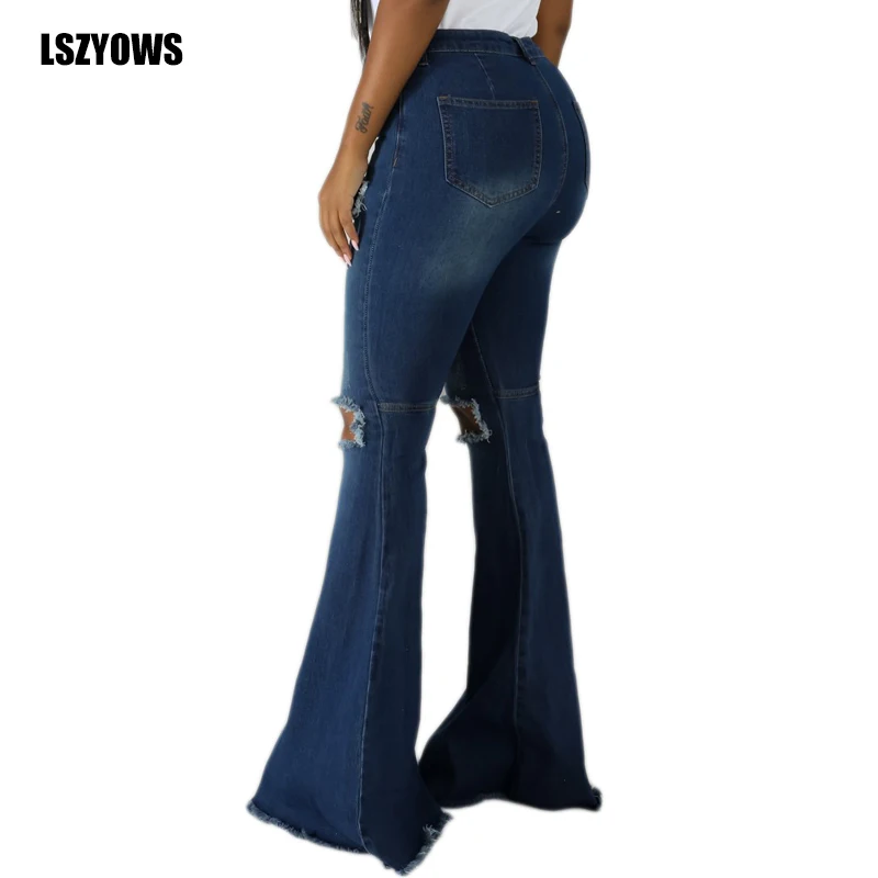 Autumn Fashion Ripped Jeans Women Stretchy High Waist Denim Pant Wide Leg Trousers Ladies Casual Vintage Bell-Bottom Flare Pants