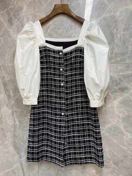 

2020 Early Autumn New Women's Square Collar Multi-Color Sleeve Stitching Woolen Long Sleeve Button Dress 813