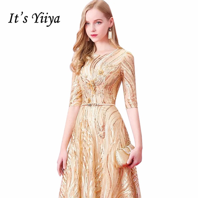 

It's Yiiya Evening Dress Half Sleeve Shiny Sequin Formal Dresses O-neck Gold Robe De Soiree Women Zipper Long Party Gowns K179