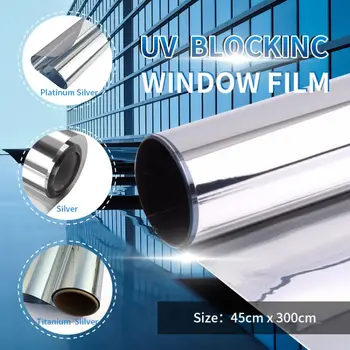 

SUNICE 45x300cm Adhesive Window Film One Way Mirror Window Sticker Silver Insulation Glass Solar Tint Anti-UV Home Office