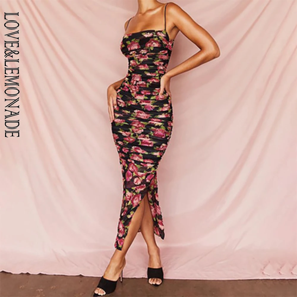

LOVE & LEMONADE Sexy Tube Top Strap Flower Print Mesh Bldycon Split Party Dress LM90221