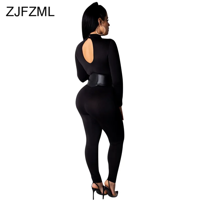 Transparent Mesh Patchwork Back Cut Out Sexy Overalls for Women Black PU Belt One Piece Jumpsuit Long Sleeve Bodycon Club Romper