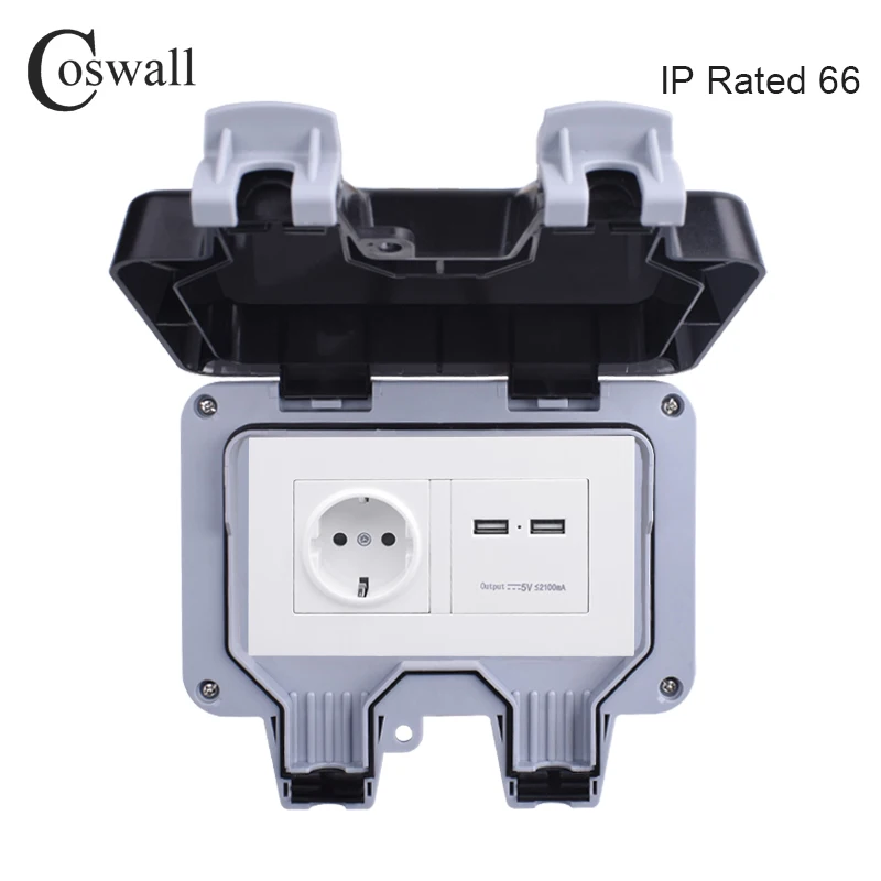Coswall IP66 Всепогодный Водонепроницаемый Открытый настенный разъем питания 16A ЕС стандартный выход+ умный индукционный двойной usb зарядный порт - Type: Color 1