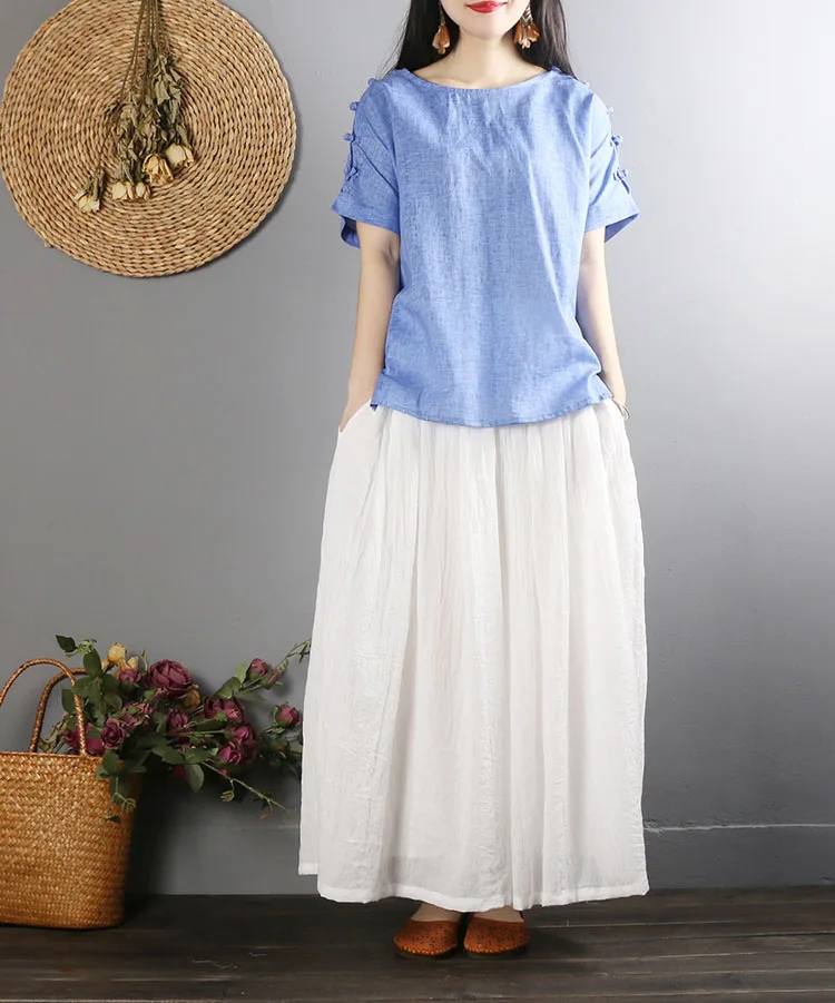 Chinese Style Cotton Linen Tops Casual Tshirt Retro Button Short Sleeve Summer National Loose Solid Color Loose T-Shirt Blue