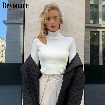 

Beyouare Knit Ribbed High Neck Long Sleeve Hollow Out Women T Shirt 2020 Autumn Finger Sleeve Top Solid White Casual Lady Tees