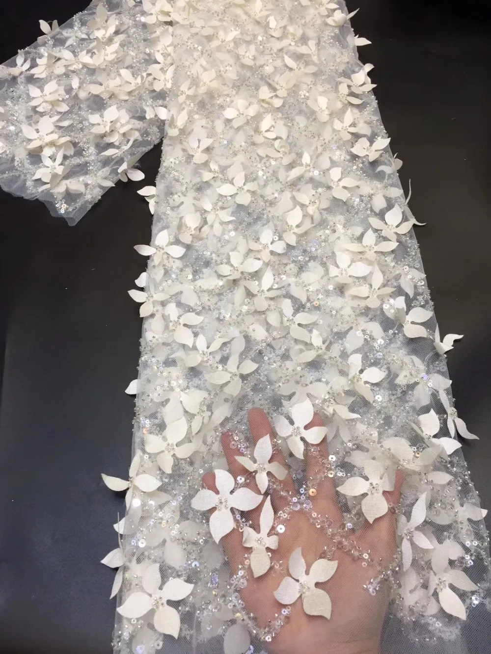 Элегантные Свадебные тяжелые ручной работы из бисера органзы Французский тюль кружева высокого качества 5 ярдов вышитые блестками 3D Цветы сетчатая ткань
