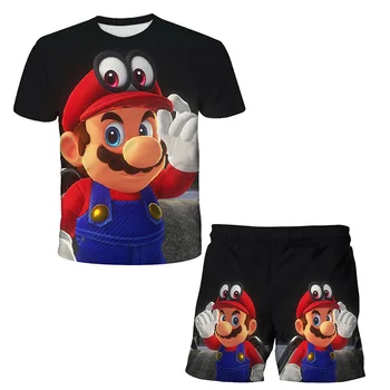

2020 Kids 3D Clothes Mario Boys Cartoon Outfits Baby Girls Summer Tees Suits 4-14 Years Children Clothing T-shirt + Shorts 4-14T