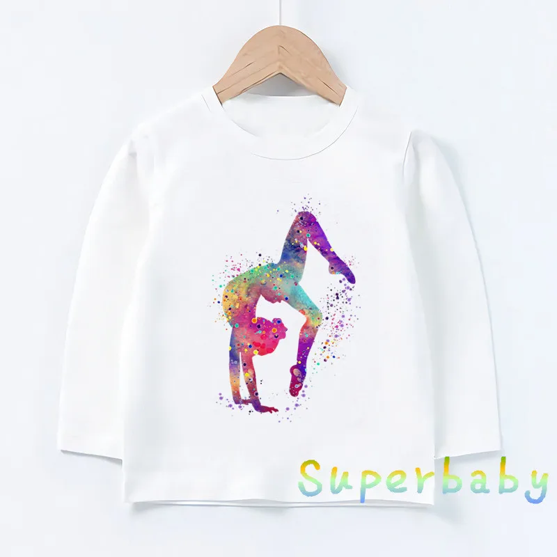 

Детские футболки с акварельным принтом гимнастики, одежда для любителей спортзала, весенне-Осенняя детская футболка с длинным рукавом, Повседневные детские топы
