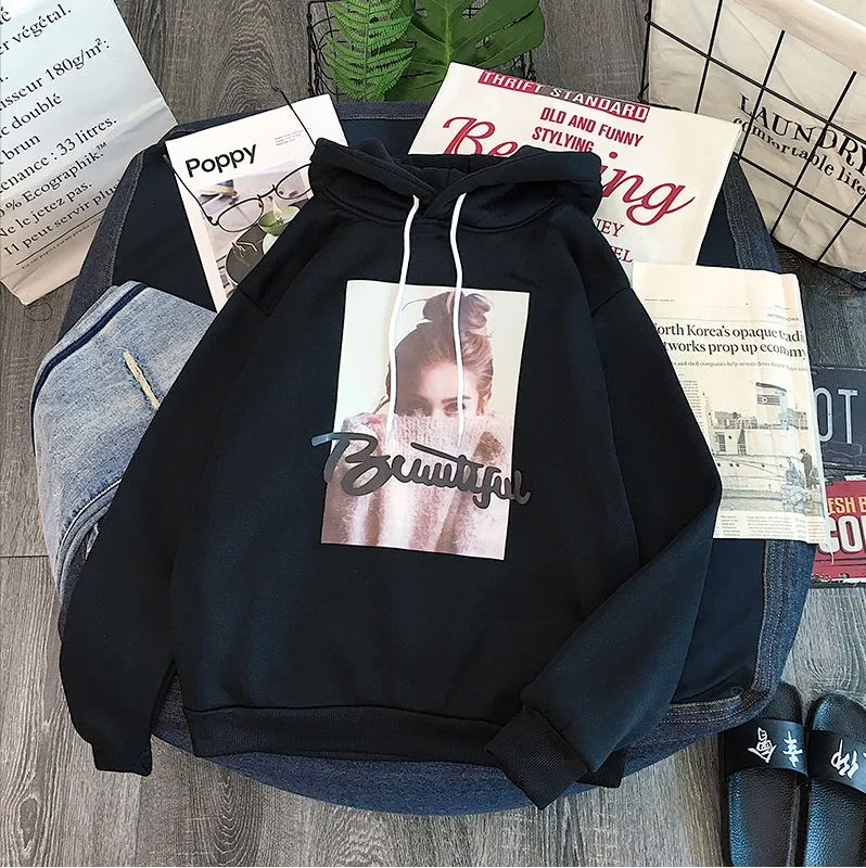 

Women's Autumn Hooded Loose Sweatshirt New Korean Print Student Sets Of Wild Long-sleeved Thin Coat Ladies Jacket Tops